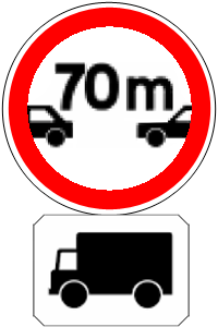 Panneau interdiction de circuler sans maintenir entre eux aux moins une intervalle pour les camions